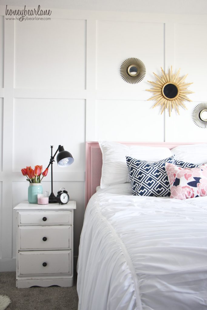 navy and pink guest room