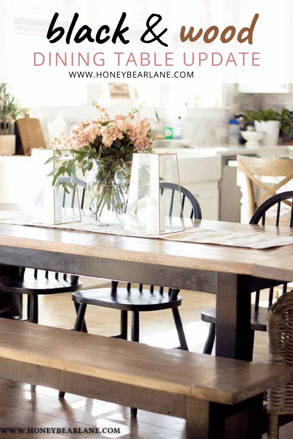 Black and Wood Dining Table Update - HoneyBearLane ; I'm loving black right now so I chose a black and wood dining table for my makeover. I love how it complements the other accents in my home.