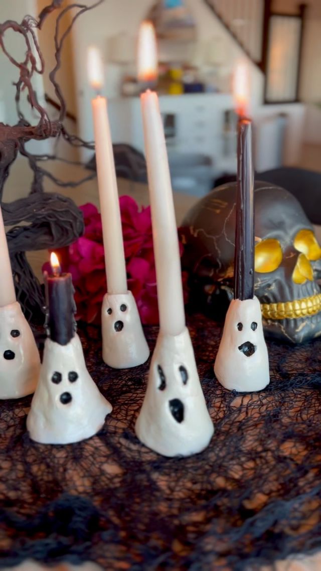👻🎃💀HALLOWEEN CRAFT IDEA 👇🏻

Who doesn’t love to play with clay?! Throwback to all the days of playing with play dough and creating masterpieces—now you can have a grown up play dough day!

This air-dry clay is only $10 for this huge container and I used only half of the clay to create 5 ghost candle holders! 

Use a good amount of clay.  Roll into a cylinder and then push a taper candle into it.  You won’t be getting this candles back out so just be aware of that. 

I rolled the top of the clay on the edge of the counter to get more of a ghost shape.  You can use a tiny amount of water to smooth out the clay, but the more water you use, the more it will crack as it dries.  Use you finger or similar to add a face.

CLAY CRACKING TIP: once the ghosts have fully dried (mine took about 5 days) they will turn white and may crack.  You can easily fix the cracks by mixing a small amount of clay and water to make a thick paste to smooth over the cracks and then let that dry again. 

Once they are dry, you can paint the face black. Then spray the entire thing with a glossy clear spray paint.  That’s it!! 

These are the cutest little ghosties!! 

#ghostcraft #cuteghost #halloweencrafts #craftsforkids #halloweenpartydecor #halloweendiy #candlecraft #candleart